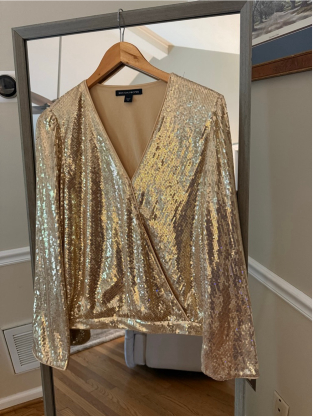 Women's BOSTON PROPER Gold Sequin Wrap Blouse M